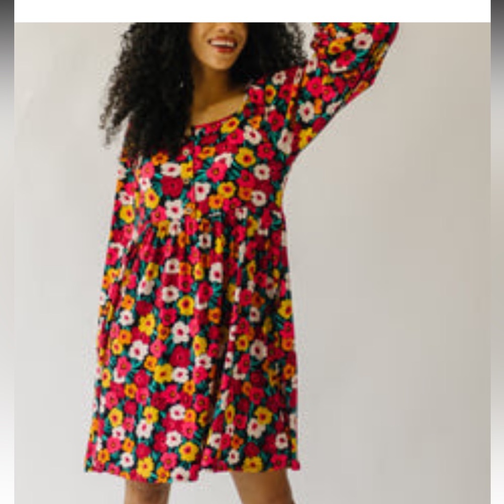 Women’s Long-Sleeve Floral Swing Dress in Fuchsia Multi